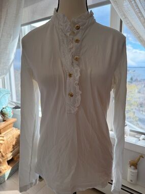 Tory Burch White Ruffle Henley with Gold Buttons knit blouse top-M